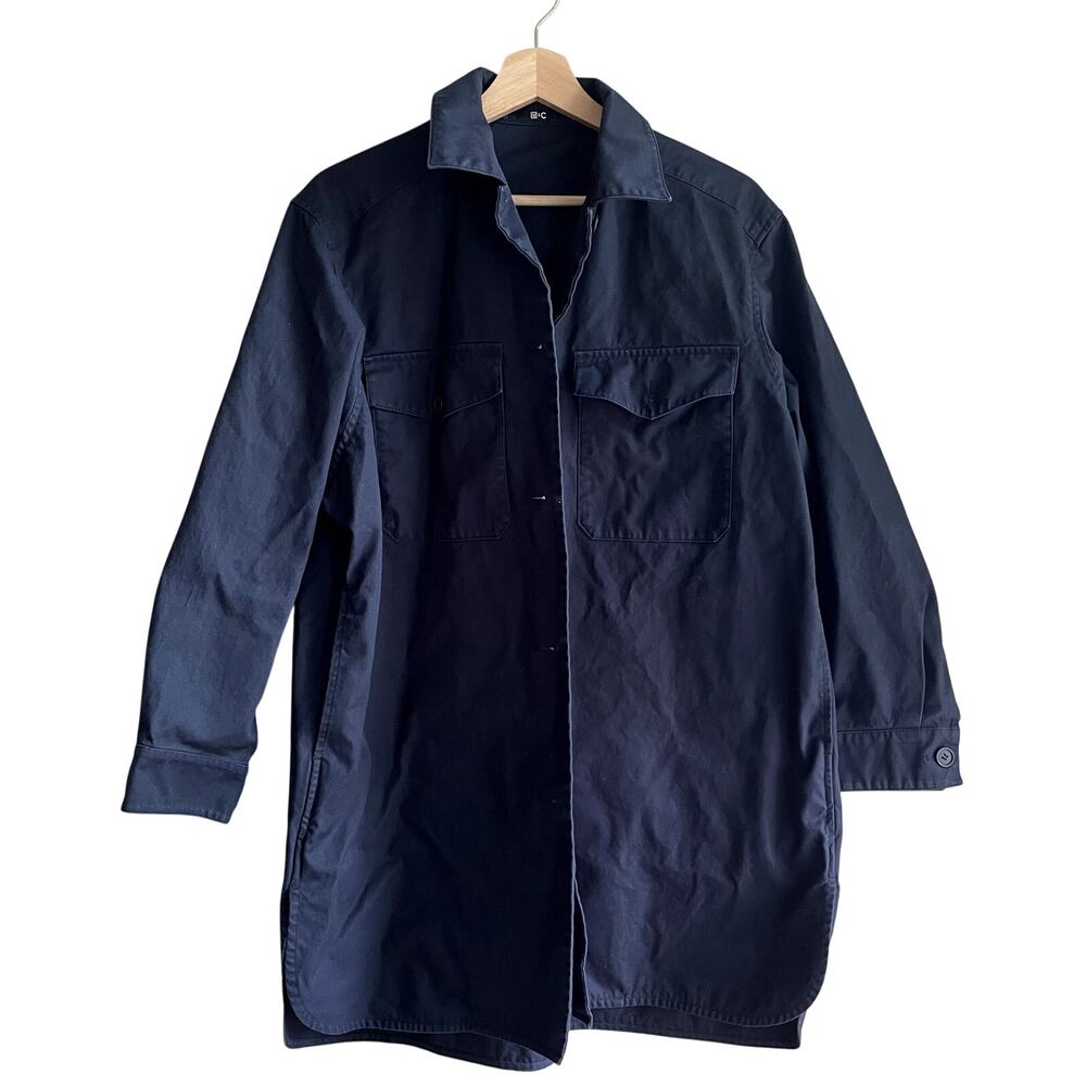 Uniqlo navy long cargo jacket large pockets cotton button front men's size S